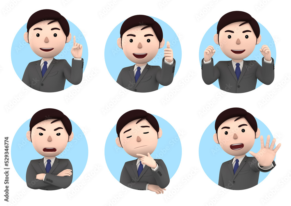 young adult businessman on six different face expressions and pose collection, 3D illustration young adult businessman on six different face expressions and pose collection, 3D illustration
