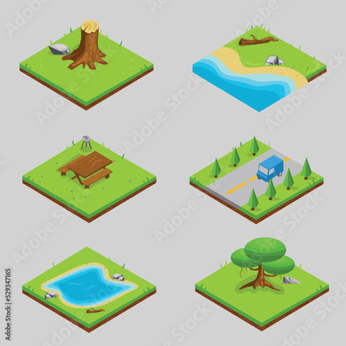 3d isometric nature elements. Forests and city parks of trees and plants. Vector map graphics. Wood and green garden part of nature, eco nature isometric illustration