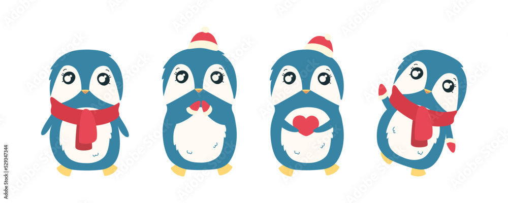 Penguin in red mittens and hat. Cute Christmas penguin character. Vector illustration isolated in white background
