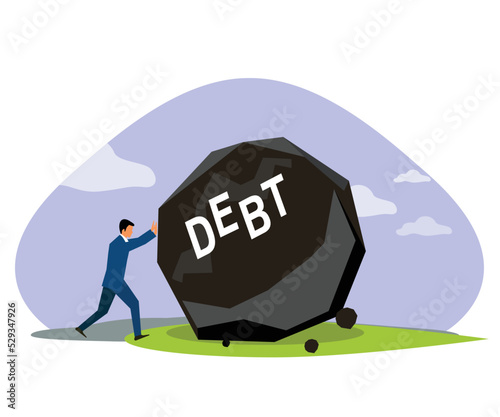 Businessman pushing huge debt rock, business crisis hardship burden concept.