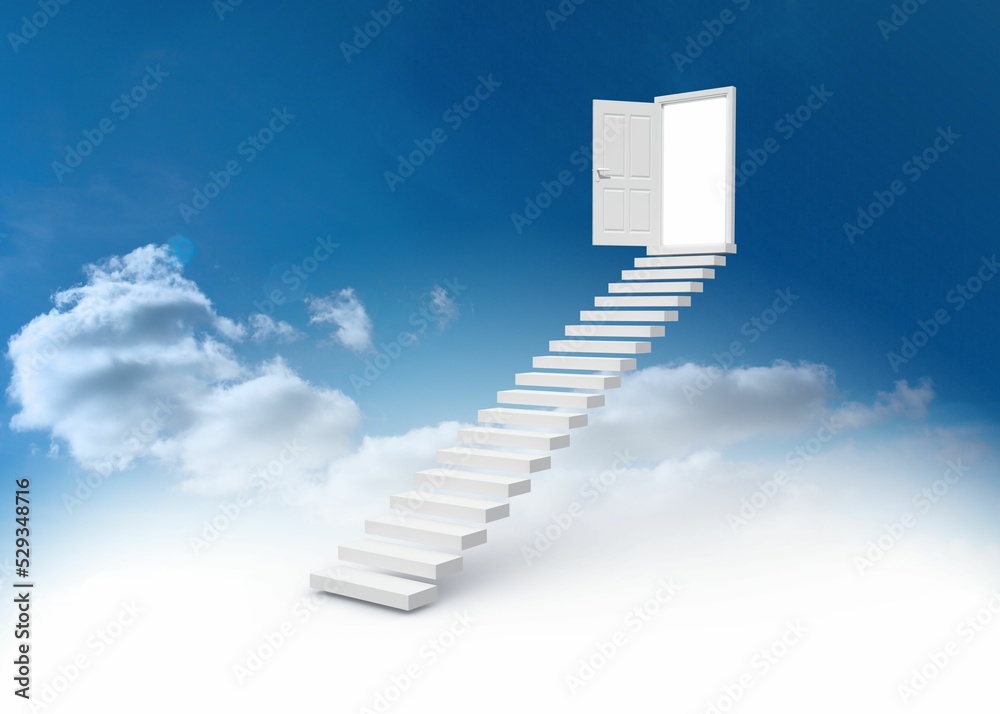 Fototapeta premium Steps leading to open door in the sky