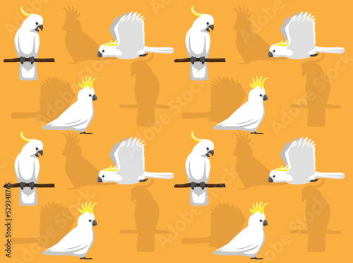Sulphur-Crested Cockatoo Cartoon Character Seamless Wallpaper Background Set 1
