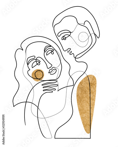 One line drawing couple portrait decorated with golden elements. Minimalist art, abstract man and woman looking at each other. Continuous line illustration