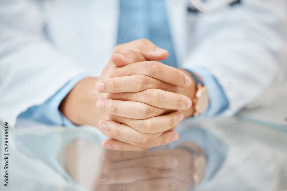 Woman doctor, hands or support with consulting medical worker, hospital or medicine healthcare employee. Zoom on insurance trust, help person or wellness innovation table, desk or mental health room Woman doctor, hands or support with consulting medical worker, hospital or medicine healthcare employee. Zoom on insurance trust, help person or wellness innovation table, desk or mental health room