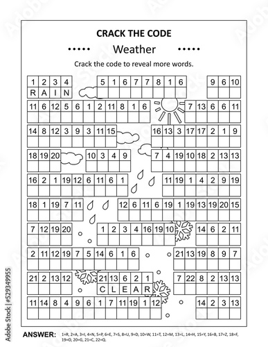 Crack the code word game, or codebreaker word puzzle, with various weather related words and phrases. Answer included. 