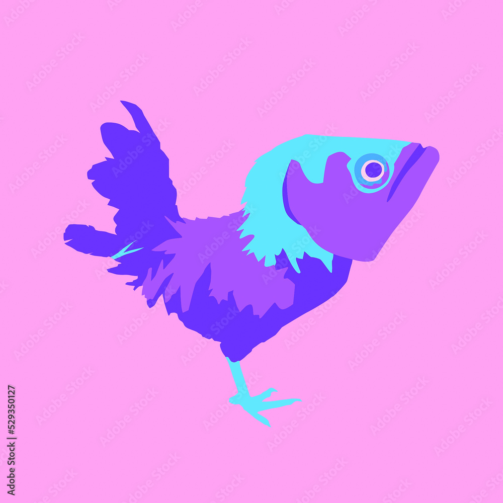 Fashion minimal illustration. Funny absurd mixed rooster and fish. Fashion minimal illustration. Funny absurd mixed rooster and fish.