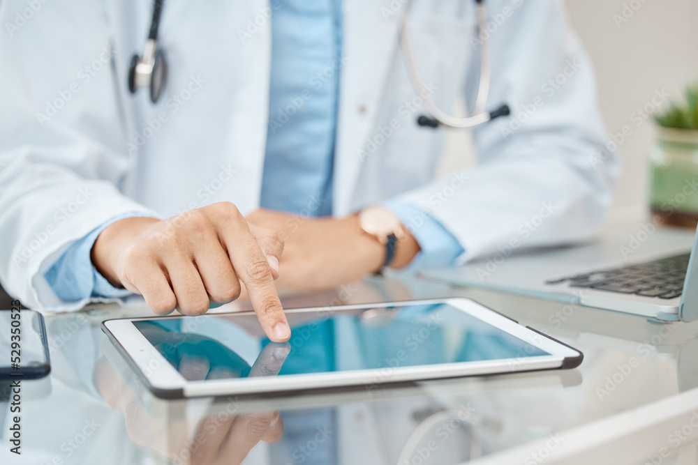 Hands or finger of doctor with tablet in office mockup search, research and health consulting online in hospital. Healthcare, medical and digital worker with technology and medicine telemarketing. Hands or finger of doctor with tablet in office mockup search, research and health consulting online in hospital. Healthcare, medical and digital worker with technology and medicine telemarketing.