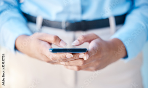 Mobile phone hands, business woman and digital contact, communication and texting on smartphone tech. Closeup person typing, reading apps and internet connecting with online technology notification
