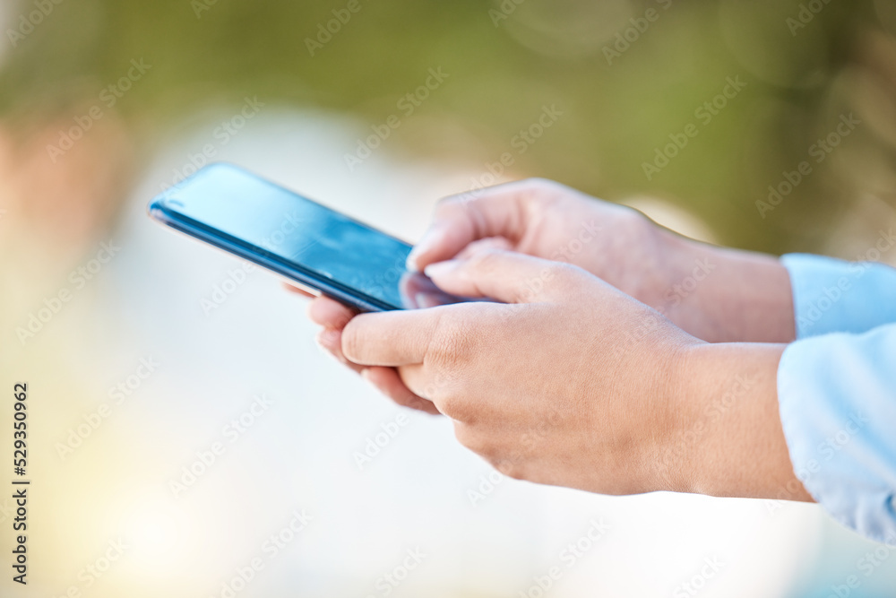 Communication, social media and a man typing on a phone in a park with bokeh. Contact, email and technology to talk to friends and family from any location with fast wifi or 5g internet connection
