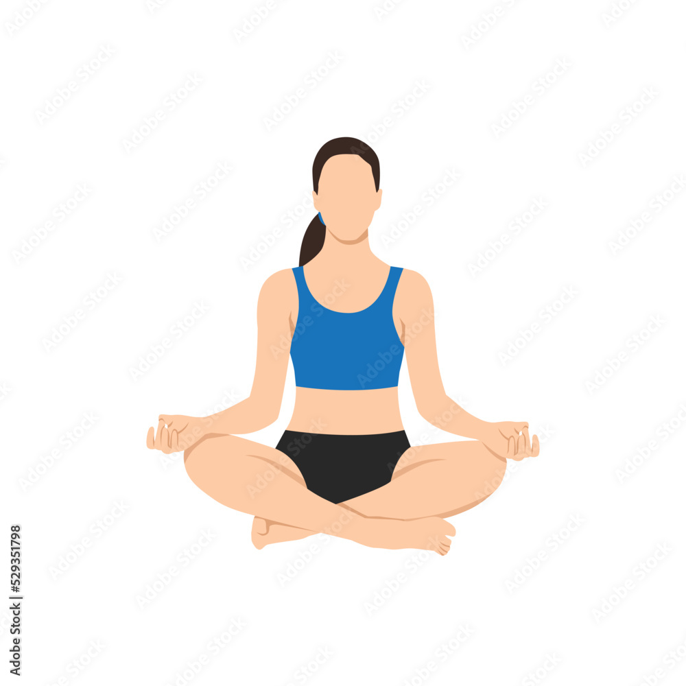 Woman doing Lotus pose. The concept of Healthy lifestyle. icon for yoga center. Stretching posture. Relaxing and calm Lotus posture. Flat vector illustration isolated on white background Woman doing Lotus pose. The concept of Healthy lifestyle. icon for yoga center. Stretching posture. Relaxing and calm Lotus posture. Flat vector illustration isolated on white background