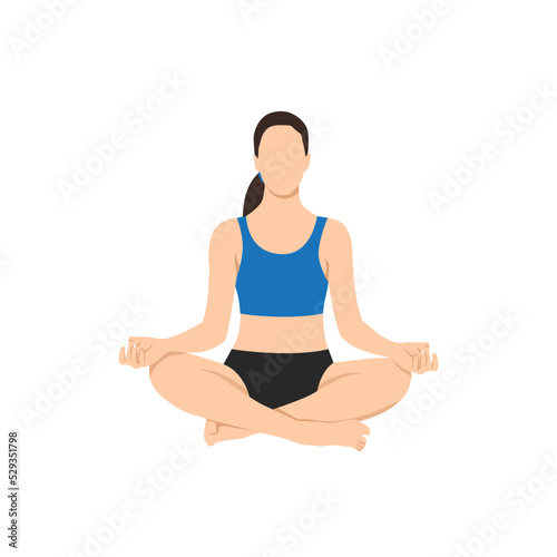 Woman doing Lotus pose. The concept of Healthy lifestyle. icon for yoga center. Stretching posture. Relaxing and calm Lotus posture. Flat vector illustration isolated on white background