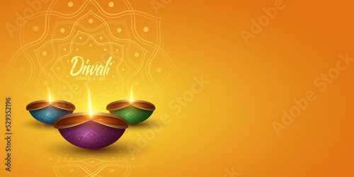 Traditional banner for Diwali festival of light. Multicolored Diya lamps with mandala ornament. Burning flame with particles. Festive cover or header for website. Greeting card in Indian style. Vector