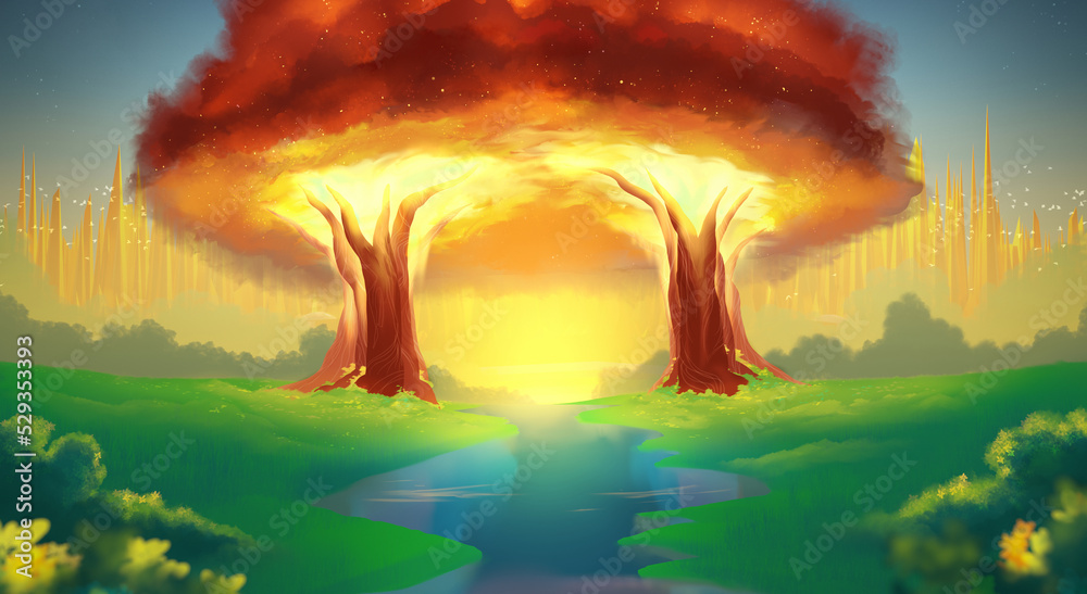 Tree of Life depiction on either sides of the river, facing the