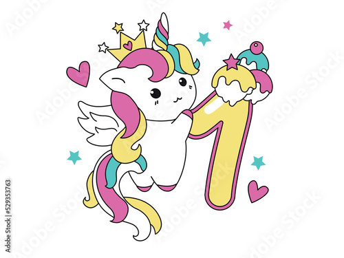 Cute unicorn collection in kawaii style with number One.Happy birthday concept for one month or one year. Vector illustration with a character for a greeting card, T-shirt, photo album, holiday 