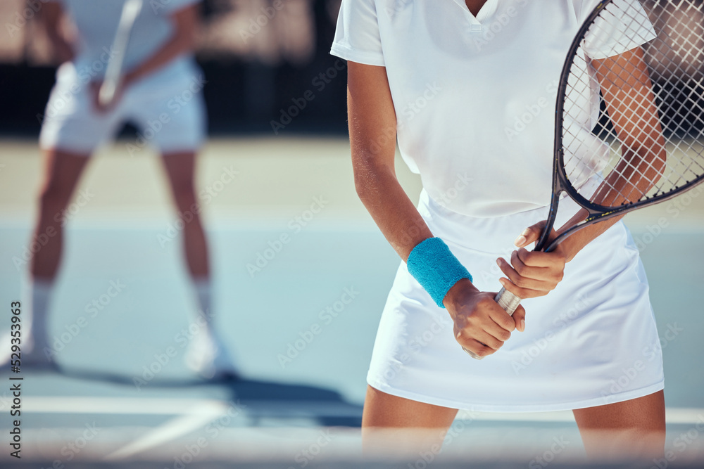 Tennis player, sports woman and teamwork on a court in wellness exercise, training and health workout for competition match or game. Hands, racket and motivation for energy fitness players with coach