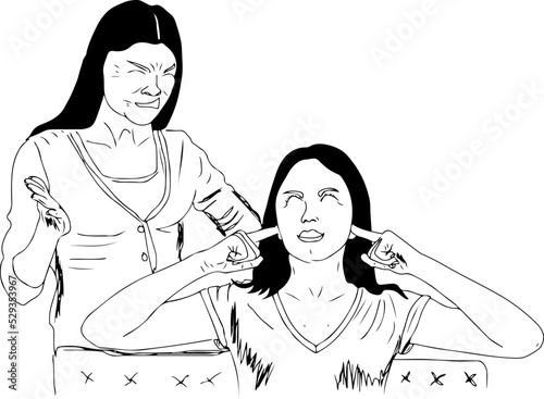 Generation gap concept, outline sketch drawing of Mother angry on her daughter, Mother and daughter argument cartoon doodle, line art vector of angry mother and child
