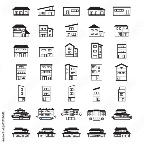 家のアイコンセット　戸建ビル2階、3階狭小住宅などの家のアイコンです。
