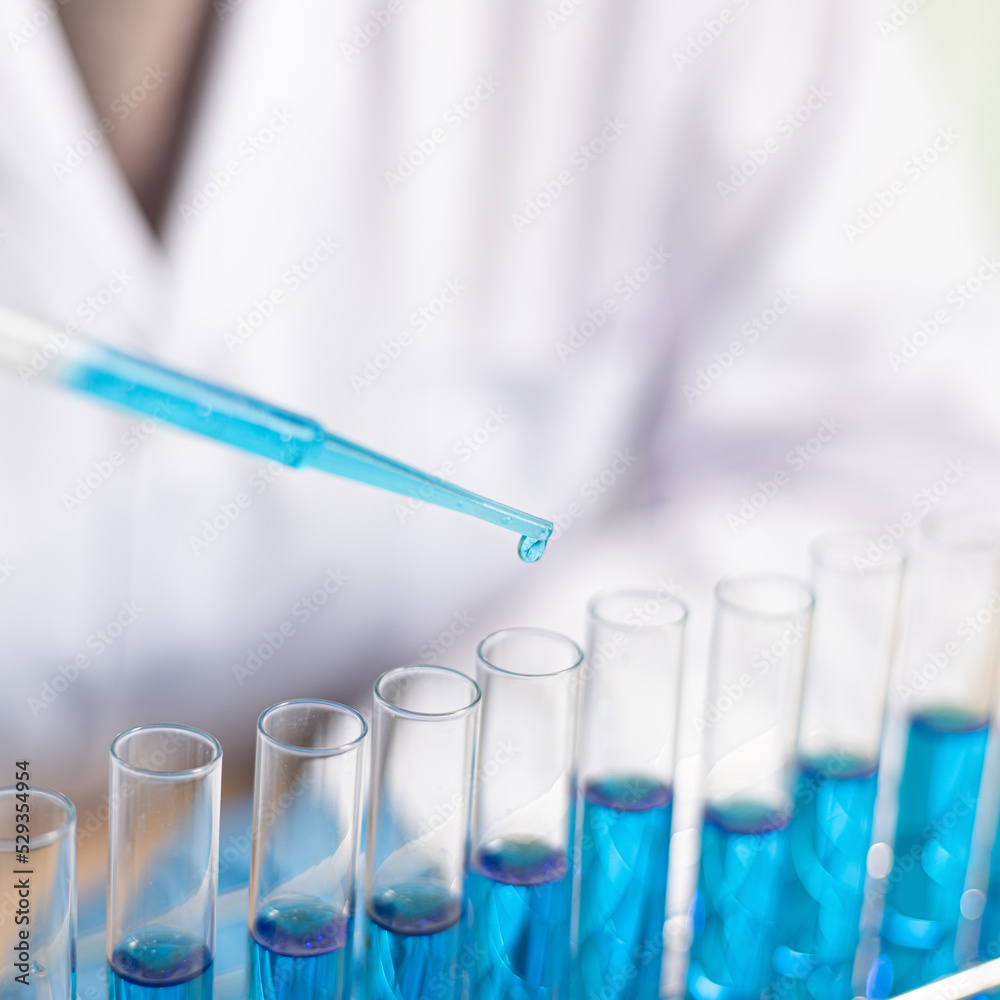 Scientists are carrying blue chemical test tubes to prepare for the determination of chemical composition and biological mass in a scientific laboratory, Scientists and research in the lab Concept. Scientists are carrying blue chemical test tubes to prepare for the determination of chemical composition and biological mass in a scientific laboratory, Scientists and research in the lab Concept.