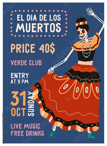 Day of Dead, Dia de los Muertos carnival flyer design. Mexican holiday party ...