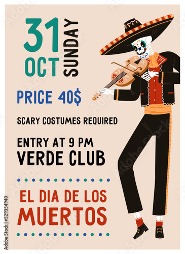 Poster design for Day of Dead, El Dia de los Muertos party. Mexican Death holiday flyer, inviting card, vertical ads banner template with scary happy skeleton. Colored flat vector illustration
