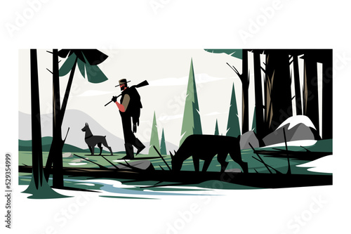 Man hunter with gun on hunting with dogs
