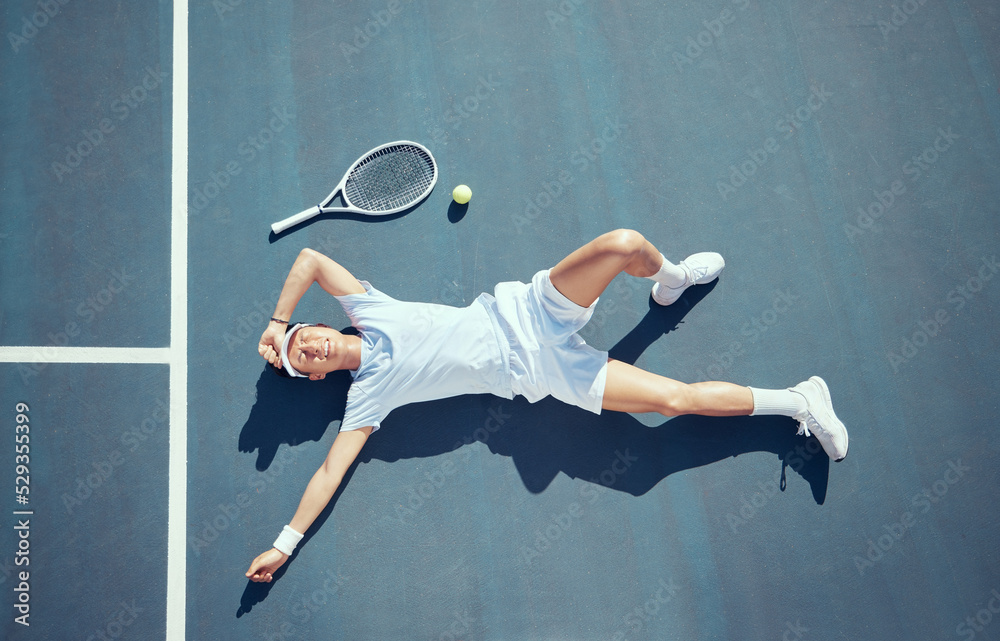 Tired tennis player, sports burnout and game fatigue on court sport  training, muscle injury from exercise on ground and sad about mistake.  Depressed and Asian athlete upset about competition loss Photos