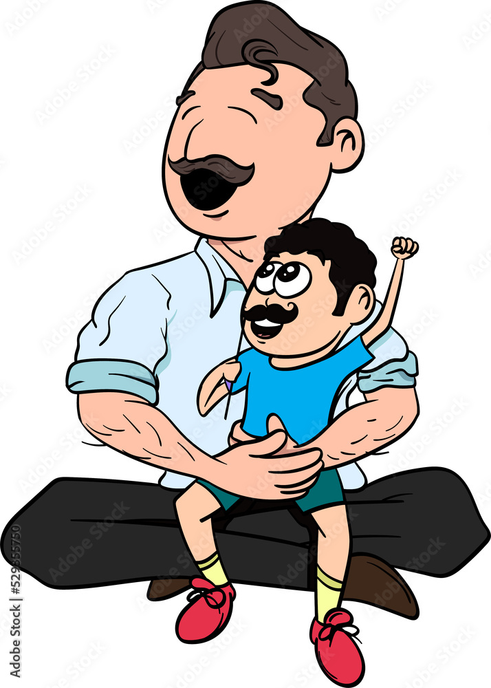 Happy Father's Day Vector Graphic. Kids playing with father. Father dressed as a superhero with a cape. Kid imitating father with mustache. Superdad Illustration for Kids book. Happy Father with Cute Happy Father's Day Vector Graphic. Kids playing with father. Father dressed as a superhero with a cape. Kid imitating father with mustache. Superdad Illustration for Kids book. Happy Father with Cute