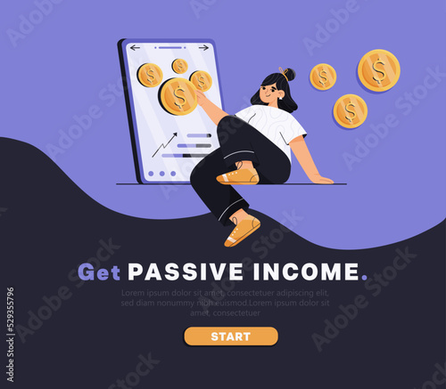 Online passive income concept. Banner with woman getting coins money through laptop or computer, earning or making money concept. Vector illustration in flat cartoon style.