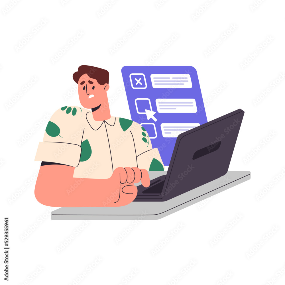 Student passing online test at laptop computer. Uncertain man checking wrong incorrect answer at internet exam. Remote examination. Flat graphic vector illustration isolated on white background Student passing online test at laptop computer. Uncertain man checking wrong incorrect answer at internet exam. Remote examination. Flat graphic vector illustration isolated on white background