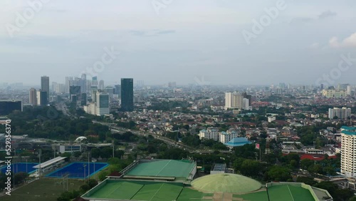 South Jakarta Indonesia at sunset with high-rise buildings and highway, aerial photo