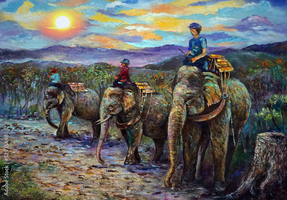 Fototapeta premium elephant hauling logs decorate hand painted original impressionism art painting oil color elephant family thailand safari zoo chang chang pachyderm canvas painting mix colors fragment of artwork 