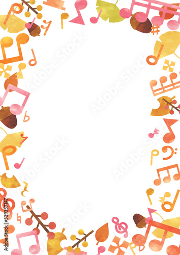 秋の水彩の音符枯れ葉のフレーム 縦