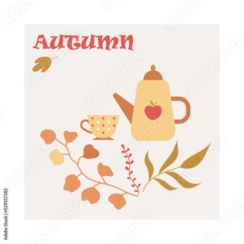Autumn postcard with kettle and mug