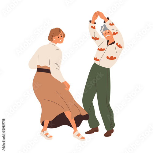 Happy senior couple dancing. Active elderly man and woman dance with fun and joy. Old aged spouse, wife and husband moving to music. Flat graphic vector illustration isolated on white background