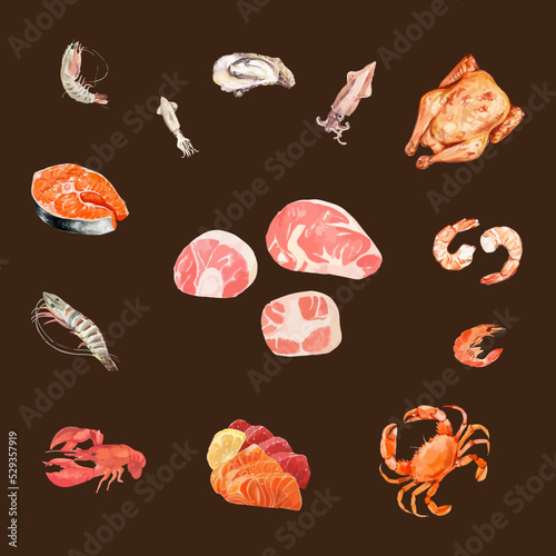 Meat, chicken and seafood. Watercolor hand drawn illustration.