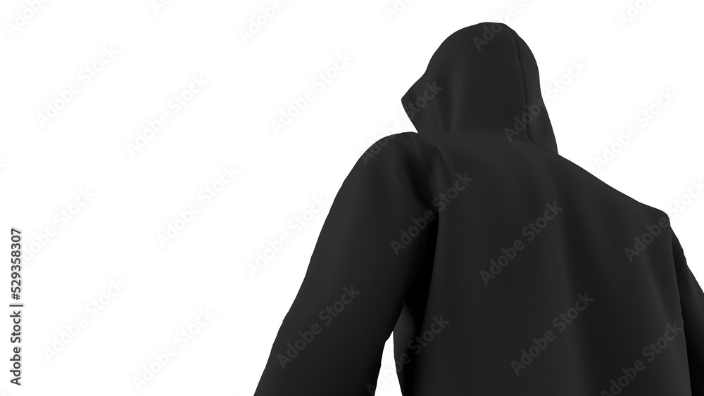 Anonymous hacker with black color hoodie in shadow under white lighting background. Dangerous criminal concept image. 3D CG. 3D illustration. 3D high quality rendering.