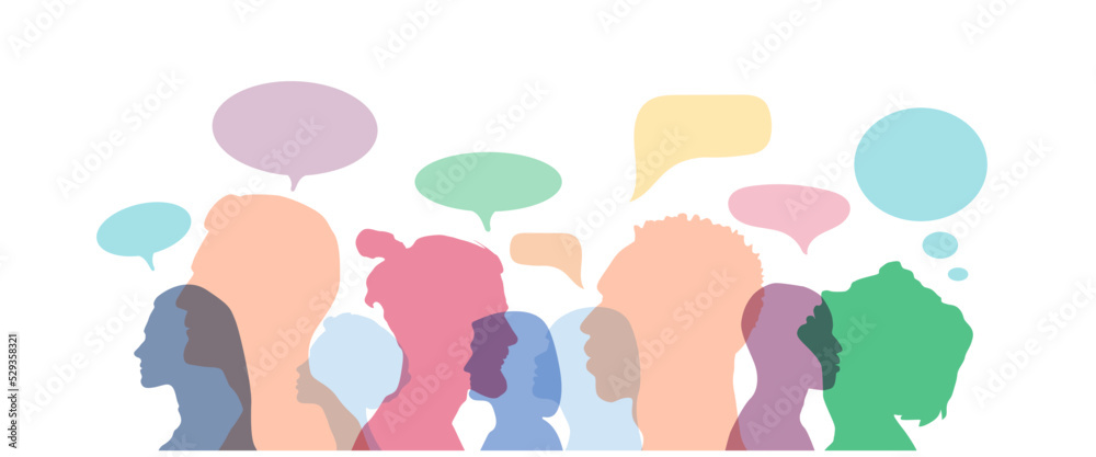 Man and woman head silhouettes with colorful speech bubbles Man and woman head silhouettes with colorful speech bubbles