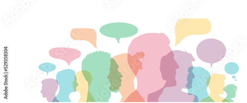 Man and woman head silhouettes with colorful speech bubbles	