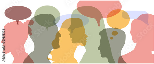 Man and woman head silhouettes with colorful speech bubbles 