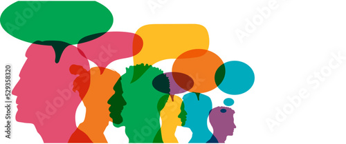 Man and woman head silhouettes with colorful speech bubbles	