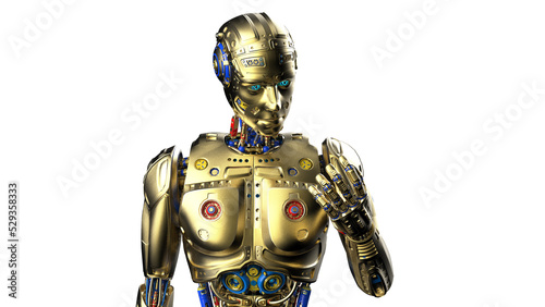 Detailed appearance of the gold AI robot under white background. Concept image of automatic operation, optimization and block chain. 3D illustration. 3D high quality rendering.