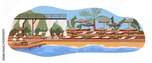 Empty beach club at luxury sea resort. Chaise lounges, deck chairs, umbrellas, parasols, modern furniture at tropical seaside landscape. Flat graphic vector illustration isolated on white background