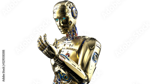 Detailed appearance of the gold AI robot under white background. Concept image of automatic operation, optimization and block chain. 3D illustration. 3D high quality rendering.