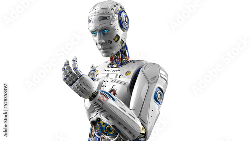 Detailed appearance of the white AI robot under white background. Concept image of automatic operation, optimization and block chain. 3D illustration. 3D high quality rendering.