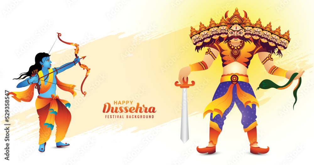 Illustration of lord rama killing ravana with ten heads in happy dussehra celebration background - obrazy, fototapety, plakaty 