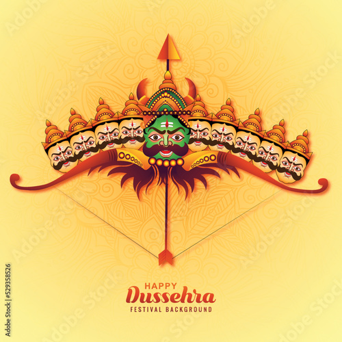 Illustration of lord rama with arrow killing ravana in happy dussehra celebration card background
