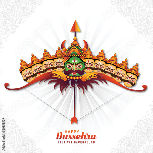 Illustration of lord rama with arrow killing ravana in happy dussehra celebration card background