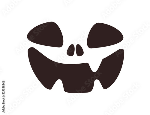 Happy Halloween face with scary creepy smile. Helloween monster stencil for carving with eyes, mouth, teeth. Black horror silhouette laughing. Flat vector illustration isolated on white background