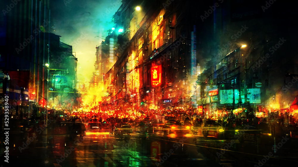 China night street in the city cyberpunk, Digital art style, illustrations.