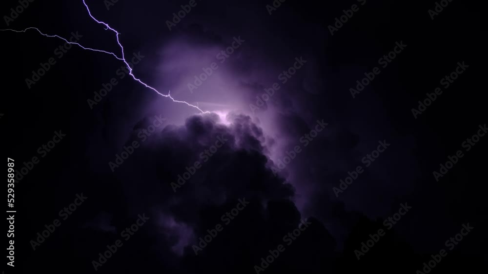 Lightning in the night sky, flashes on the cloudscape in the darkness, thunderbolt effect variations, fx isolated, storm with lightning bolt, lightning strikes in the clouds in the dark, thunderstorm.